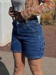 MYOURSA Slant Pocket Casual HighWaist Cargo Denim Shorts