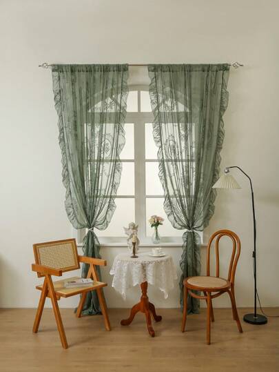 1pc Green French Romantic Ruffle Voile Window Curtain, Elegant French Style With Floral Pole Pocket For Living Room Bedroom Office Kitchen