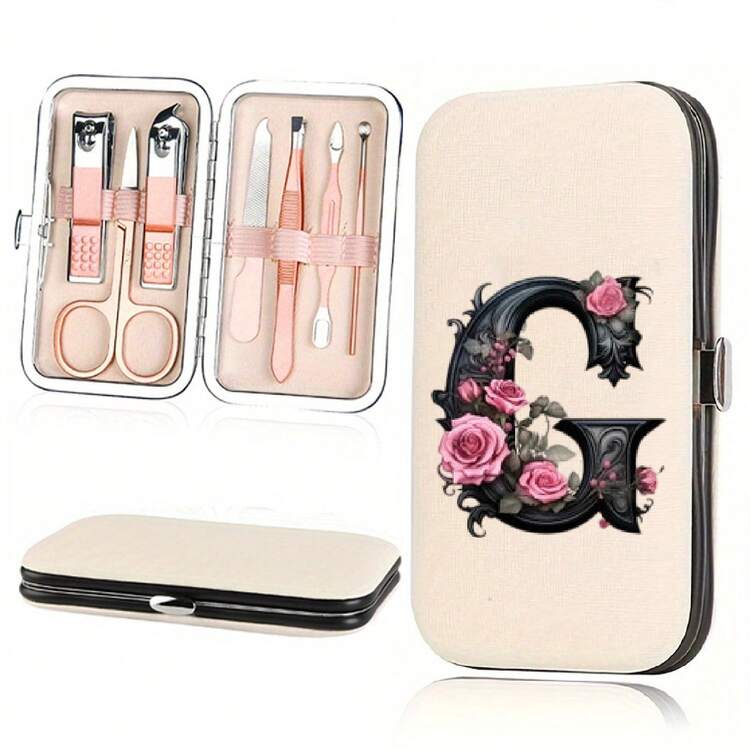 字母花卉玫瑰金 7 合 1 指甲护理套装 - 不锈钢指甲钳、角质层推刀等，带便携包 - 适合居家、旅行和沙龙使用 - 彩色 - 查看 17