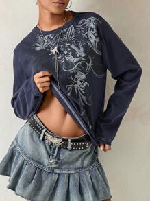 Women Y2k Fairy Grunge Long Sleeve Shirt Punk Gothic Tee Top Teen Girl Vintage Aesthetic Graphic Streetwear - Màu xanh bụi bặm - Xem 2
