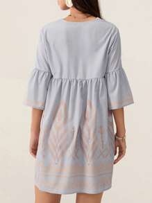 Cccoqdj Women's Embroidered Mini Dress Summer Nightgown 3/4 Sleeve V Neck Pattern Print Short Nightdress Boho Tunic Dress - 灰色 - 查看 3