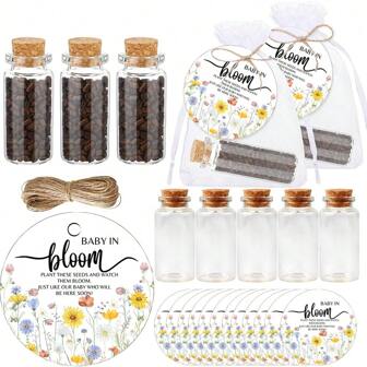 VICKYO 30 Sets BabyShower Party Seed Packet Favors For Guests, Include 30pcs 25ml Glass Bottles With Corks 30 Cards 30 Organza Bags And 1 Twine, Suitable For Gender Reveal Party Wedding Party Favors Birthday, No Seed