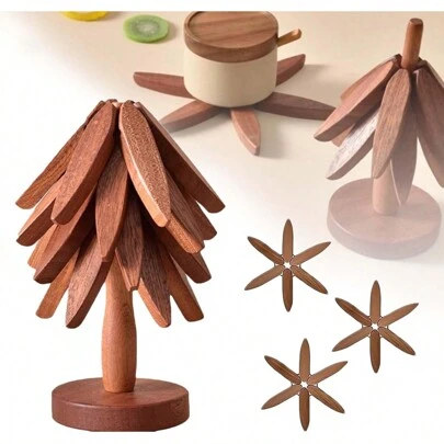 Set di sottobicchieri e supporto ad albero in legno - Tappetino resistente al calore colore noce per piatti, pentole e padelle caldi, protezione decorativa in legno per il tavolo e decorazione per la casa