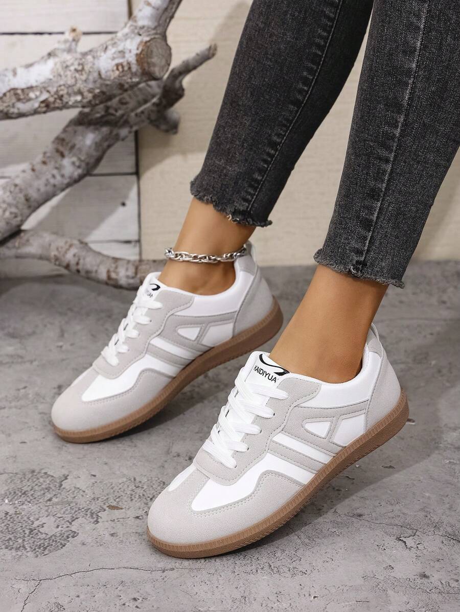 女士白色运动鞋，厚底休闲鞋，防滑高跟厚底皮革高帮学生鞋 - 彩色 - 查看 1