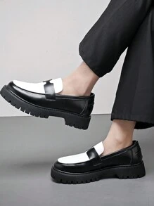 Men's Thick Sole Increased Height Platform Shoes, Tasseled Patent Leather Loafers - Black and White - View 2