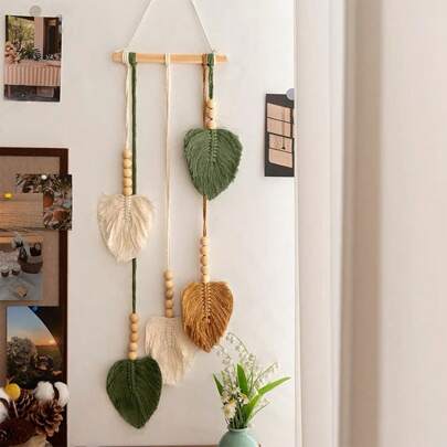 1pc Handmade Macrame Wall Hanging, Boho Style Leaf & Wood Bead Tassel Wall Decor Tapestry