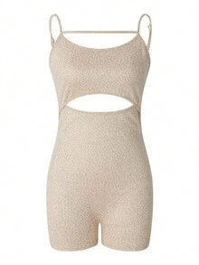 Women Solid Color Sling Playsuits Hollow-Out Sleeveless Backless Spaghetti Strap Skinny Short Jumpsuits Rompers - Caqui - Ver 8