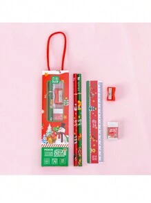 1set Cartoon Stationery Set, (Pencil, Eraser, Ruler, Pencil Sharpener), Portable School Supplies, Gifts, Giveaways Ruler, Pencil Sharpener, Cute Packaging, 5-In-1 Handheld Design, Back To School,Perfect For School, Student Rewards, Party Favors