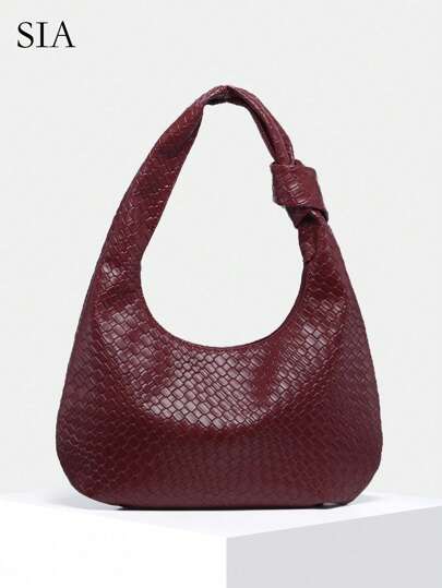 1pc Women's Retro Minimalist Casual Faux Leather Angora Red Woven Texture Large Capacity Shoulder Bag, Suitable For Outings, Dates, Commuting