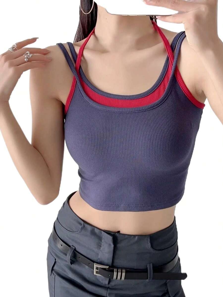 Women's Summer Fitted Cami Tops Sleeveless Contrast Color Halter Neck Vest Going Out Tops