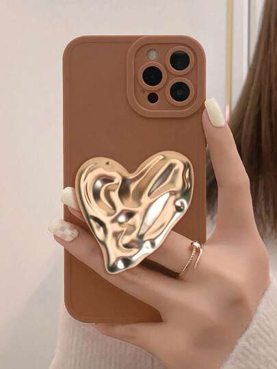 1 个心形和波浪图案金属手机支架，采用不对称设计，兼容各种手机壳，兼容 、Android 手机，生日、家人、朋友的礼物，推拉式手机握把，手机配件