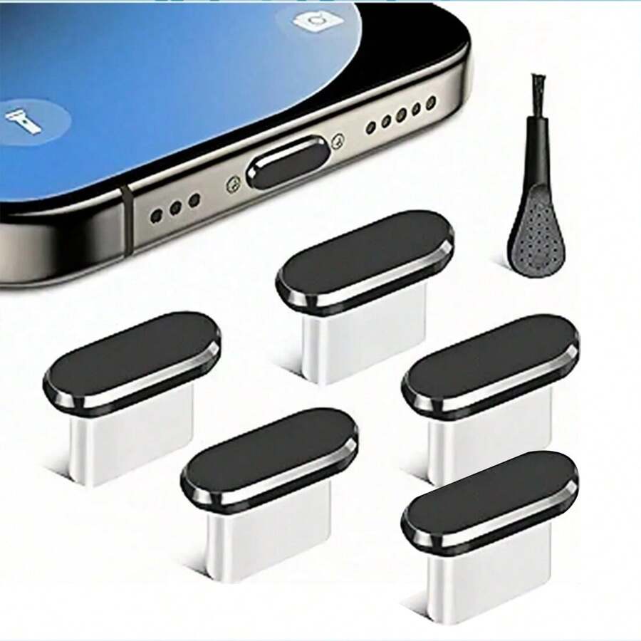 5pcs Black Type-C Dust Plug With Cleaning Brush, Universal C Phone Charging Port Stopper Cap Compatible With IPhone 15/16 Pro Max Plus, /, Fits All USB Devices - Multicolor - View 1