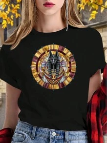 Stained Glass Anubis Figure Women's Single Side Printed Short Sleeve T-Shirt Round Neck Summer Fashion Solid Basic T-Shirt Tops Casual Summer Shirts - Black - View 1