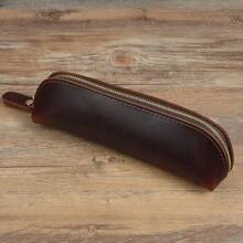 Estuche de Lápices de Cuero Vintage, Simple Porta Papelería, Estuche para Bolígrafos, Bolsa de Almacenamiento con Cremallera, Estuche para Lápices, Caja para Gafas, Suministros Escolares - Marrón claro - Ver 8