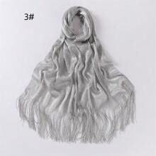1 pièce Foulard de tête islamique enveloppant, hijab à la mode, châle de protection solaire brillant or/argent. Écharpes brillantes avec dentelle et franges pour femmes, pour robe de soirée, Fête des Valentins