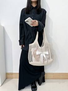 ENBEI BAIZE Summer Lightweight Casual Hollow-Out Beach Bag, White Woven Tote Handbag, Large Capacity Handbag, Suitable For Travel, Outdoor Activities And School. Travel Essential, Holiday Essential, Multifunctional Kitchen Storage Lunch Bag, Suitable For Beach Vacation Or Easy Carrying, Elegant Wedding Season - Beige - View 4