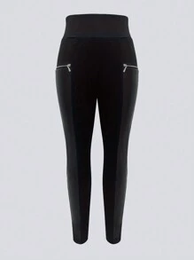 2 piezas Pantalones de talle alto de mujer en unicolor, leggings de uso diario casual de piel sintética con parches y bolsillos con cremallera, ropa de mujer