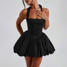 Women Y2K Halter Bubble Mini Dress Sleeveless Ruched Waist Mini Dress Sexy Open Back Tie Up Backless Corset Short Puff Dress Party Cocktail Clubwear Beach Club Streetwear - 黑色 - 查看 6