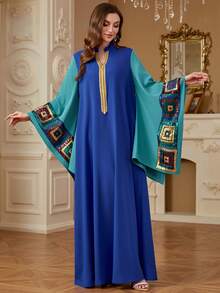 Women's Fashionable V-Neck Dress With Sequins Embroidered Trim, Spring/Summer, Modest Kaftan - Blue - View 3