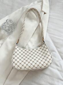 Bolsa de ombro com zíper geométrico em relevo de cor sólida, bolsa casual à prova d'água para mulheres, adequada para escritório, trabalho, negócios, deslocamento - Branco - Ver 3