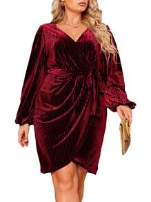 Women's Plus Size Long Sleeve Wrap Semi Formal Velvet Mini Dress Sexy Cocktail Party Winter Club Dress - Burgundy - View 1