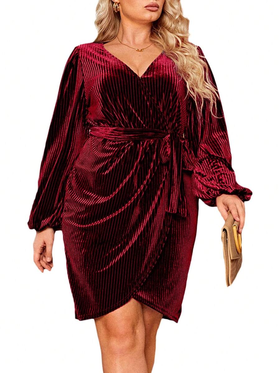 Women's Plus Size Long Sleeve Wrap Semi Formal Velvet Mini Dress Sexy Cocktail Party Winter Club Dress - Burgundy - View 1