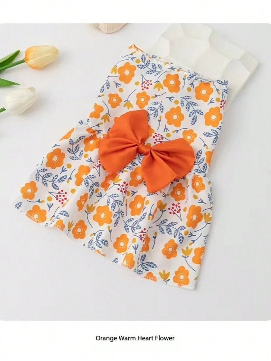 1 Piece Vivid Floral And Fruit Pattern Pet Dress Suit, Fits Small Dogs & Cats - Breathable, Soft Fabric Princess Dress With Bow Details - Ideal For Spring/Summer - Featured Colors: Red, Yellow, Orange, Light Blue, Dark Green, Dark Pink, Dog Outfit