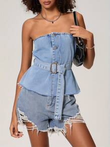 Women's Denim Tube Tops Button-Up Boat Neck Raw Hem Sleeveless Solid Color Vest Waistband - Màu xanh lam - Xem 4