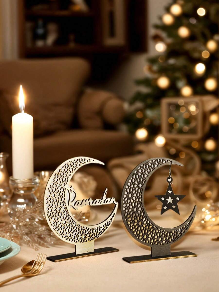 1pc Wooden Crescent Moon & Star Decor, Minimalist Home/Farmhouse/Bedroom Tabletop Decoration
