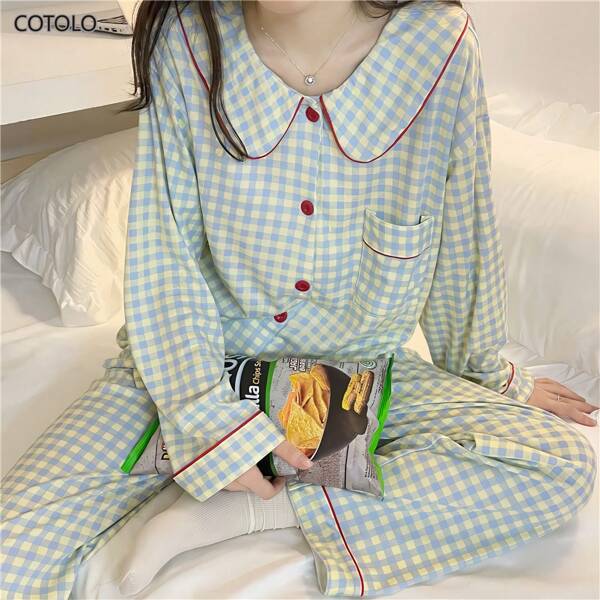 COTOLO Conjunto de pijama de 2 piezas de algodón dulce con botones a cuadros para mujer, lindo conjunto de ropa de estar por casa de estilo de dibujos animados, conjunto de pijama de manga larga para mujer, a cuadros, cuello de camisa, adecuado para primavera, otoño e invierno
