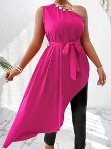 Plus Size Women's Solid Color Sleeveless Asymmetric Hem Casual Shirt