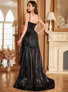 yanchunxier Women's Off-Shoulder Adjustable Strap Dress, Featuring Butterfly Sequin Satin Patchwork V-Neck, Extra Long Waist Pleated Ruched Design, Asymmetrical Hem With Shiny Mesh Ruffle, Suitable For Wedding/Party/Holiday/Cocktail