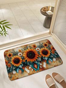 1pc Bohemian Sunflower Bathroom Decor Mat, Geometric Rhombus Flannel Kitchen Carpet, Absorbent, Quick Dry And Anti-Slip, Suitable For Bathroom, Kitchen, Living Room, Home Decor