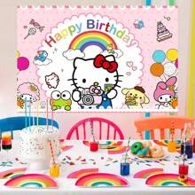 Sanrio 1 pezzo Striscione per festa di compleanno di Hello Kitty di Sanrio - Sfondo di compleanno felice con gatto kawaii carino, decorazioni per feste, telo da parete per sala delle feste, accessori studio, 210 x 150 cm / 150 x 100 cm / 100 x 75 cm
