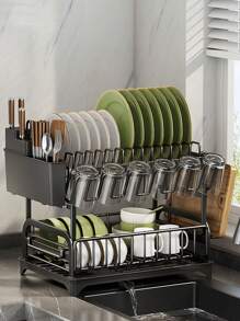 1pc Dish Drying Rack, A Two-Tier Dish Rack Featuring A Drainboard, Multifunctional Dish Drainer, Includes A Cutting Board Holder, Utensil Holder, And Cup Holder,