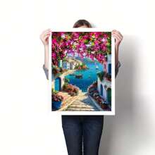 Kit digital de acrílicos DIY para adultos - Lienzo sin marco de 16x20 pulgadas, diseño de paisaje marítimo, floral y pueblito, lienzo enrollable sin arrugas, completo con pintura y pinceles, perfecto para principiantes, ideal para decoración del hogar y regalos únicos