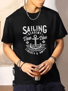 休闲短袖 T 恤，适合外出，适合朋友，经典罗纹袖口，持久合身舒适，适合日常穿着，户外旅行男士运动衫，春夏男士上衣 - 黑色 - 查看 1