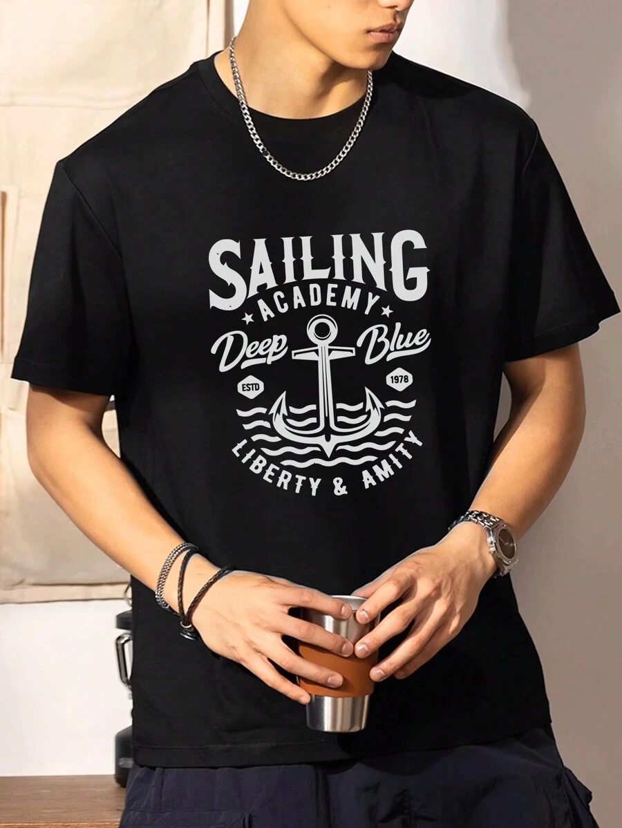 休闲短袖 T 恤，适合外出，适合朋友，经典罗纹袖口，持久合身舒适，适合日常穿着，户外旅行男士运动衫，春夏男士上衣 - 黑色 - 查看 1