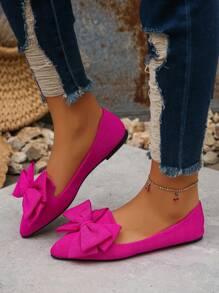 New Pointy Toe Flat Canvas Slip-On Shoes, Fashion Rose Red Bow Decor, Low Vamp, Casual Wear, Plus Size 35-45, Lightweight & Comfortable Flats For Women, Spring/Autumn - 玫紅色 - 查看 5