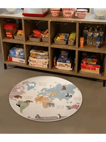 柔软且防滑的圆形地毯，配有带有动物插图的奇思妙想世界地图 - 非常适合游戏室、卧室和客厅 - 彩色 - 查看 15