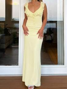 Minimalist Sexy Hot Girl Sexy Ruffled Lace-Up Slim Stretch Dress - Yellow - View 4