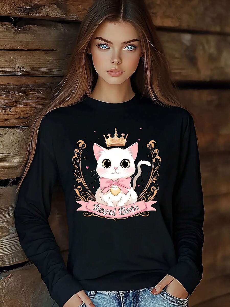 Women  Cat Princess Cartoon Kawaii Valentine's Day T-Shirt Fashion Print Long Sleeve Round-Neck Loose Fit Tops Streetwear - Black - View 1