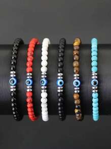 YAUKIA 1 件邪恶之眼天然绿松石黑玛瑙虎眼珠弹力男女通用手链强度保护 - 彩色 - 查看 5