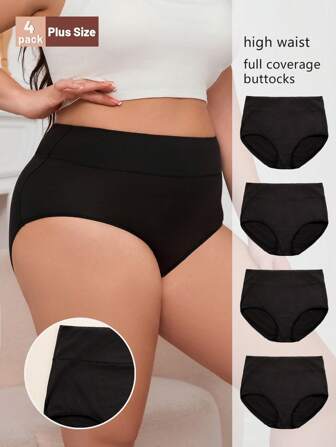 4件装 女式黑色高腰高弹力大码内裤 舒适透气高腰全裹臀亲肤大码内裤 更宽更大饱满身材三角内裤 双层锁边工艺经典款三角内裤 大码内裤组合套装