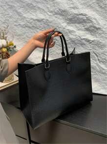 奢华复古黑色大容量手提包，新款秋冬时尚百搭别致大号鳄鱼压纹女士手提包，适合上班通勤、笔记本电脑包、日常外出、妈妈包、多功能旅行包、男女通用超大随身行李包 - 黑色 - 查看 7