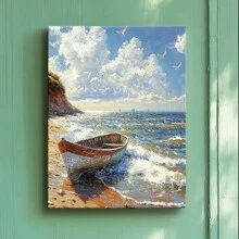 Wrapped Framed Canvas Vintage Wall Art Print Serene Beachscape With Boat - Artful Home Decor For Living Room, Bedroom, Bathroom, Office