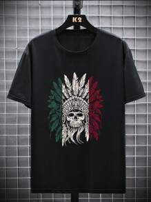 Men's Traditional Printed Green White Red Feather Skull T-Shirt