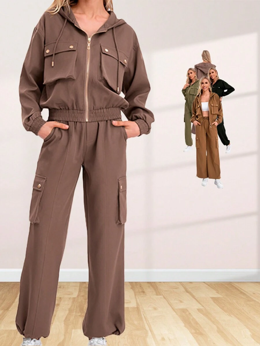 2-Piece Solid-Color Set Of Hooded Jacket With Zipper And Pockets And Cargo Pants With Adjustable Pockets - 粉色 - 查看 1