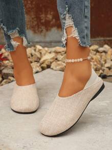 女士时尚百搭轻便软底乐福鞋，一脚蹬平底休闲鞋，适合日常穿着，春秋季，随机图案，加大码 - 米粉紅色 - 查看 4