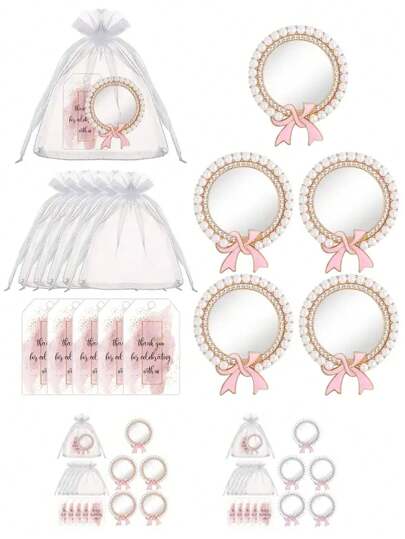 30pcs/15pcs Gold/Silver Bow Round Makeup Mirrors, Bridal Shower Gift Packaging Set, Contains 5pcs Makeup Mirrors + 5pcs Thank You Cards + 5pcs Organza Bags, Suitable For Spa Overnight, Birthday, Bachelorette Party And Bridal Party Supplies, Perfect For Wedding Souvenirs, Bridesmaids Gifts, Anniversaries, Party Favors